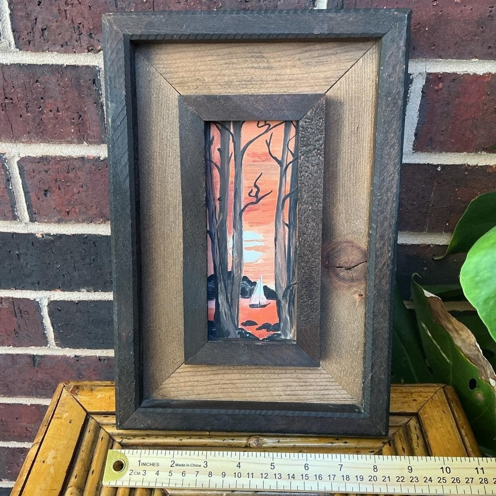 1970's signed original acrylic landscape painting rustic barnwood frame